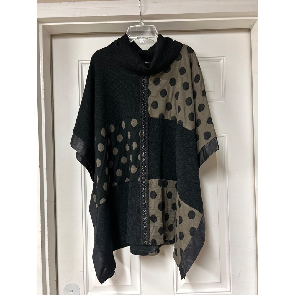 Zoe Michael Phillips Polka Dot Poncho Sweater Faux Leather Turtleneck XL Black